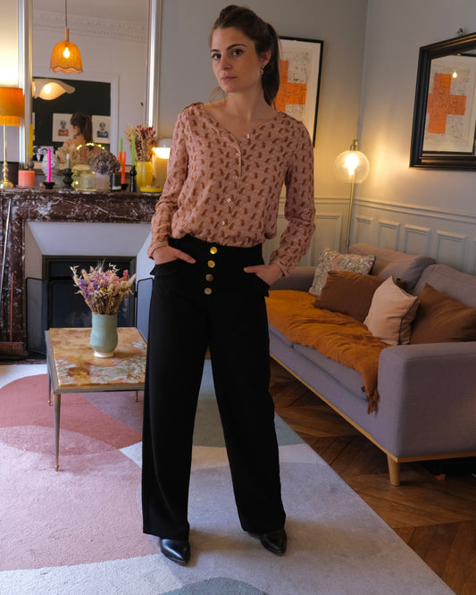 Pantalon noir, poches, coupe droite, ample