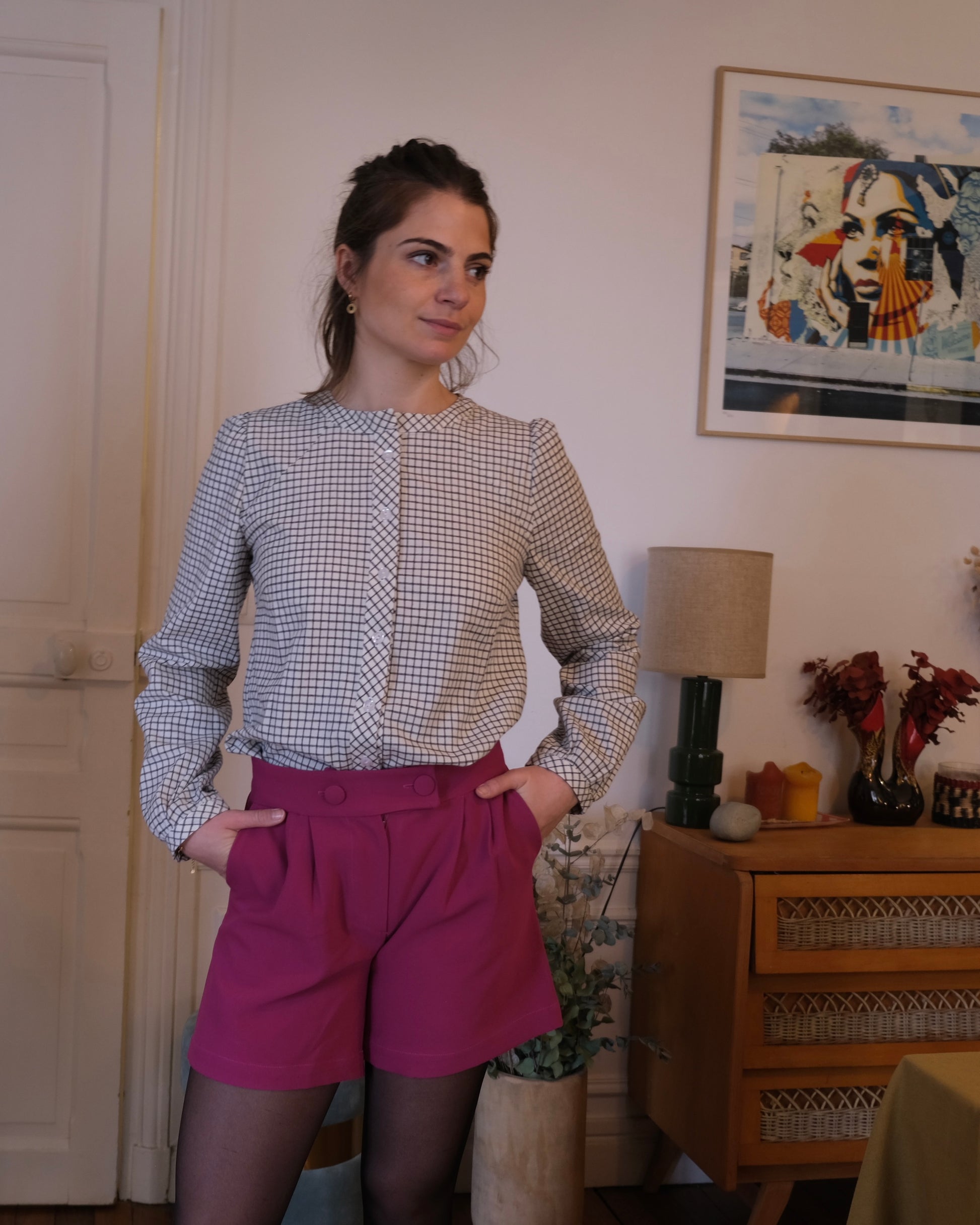 Blouse à carreaux noire et gris bouton printanier frais léger