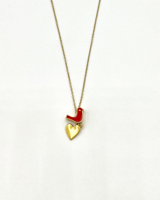 Collier fantaisie pendentif oiseau estival rouge discret elegant chic doré acier inoxydable