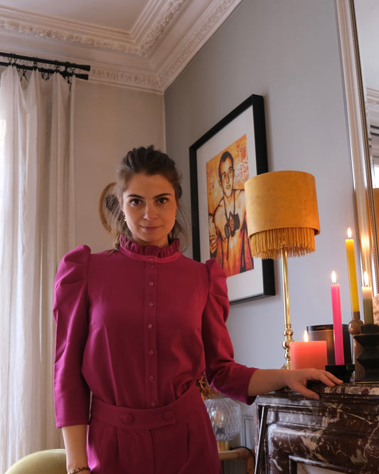 Top fushia manches bouffantes, boutons, chemisier, mi saison, col fantaisie, agréable,