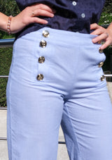 pantalon flare, coton, boutons dorés