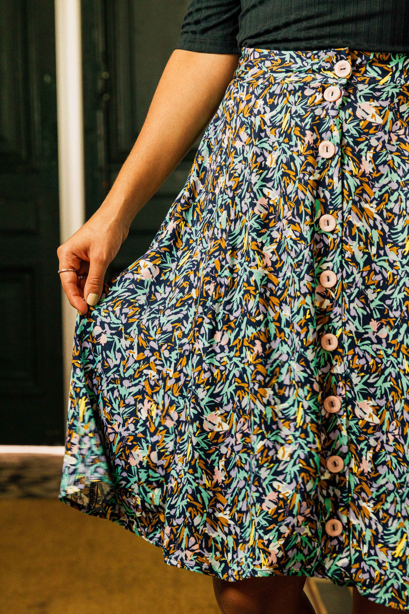 jupe imprimée- jupe à fleurs- jupe midi- made in france