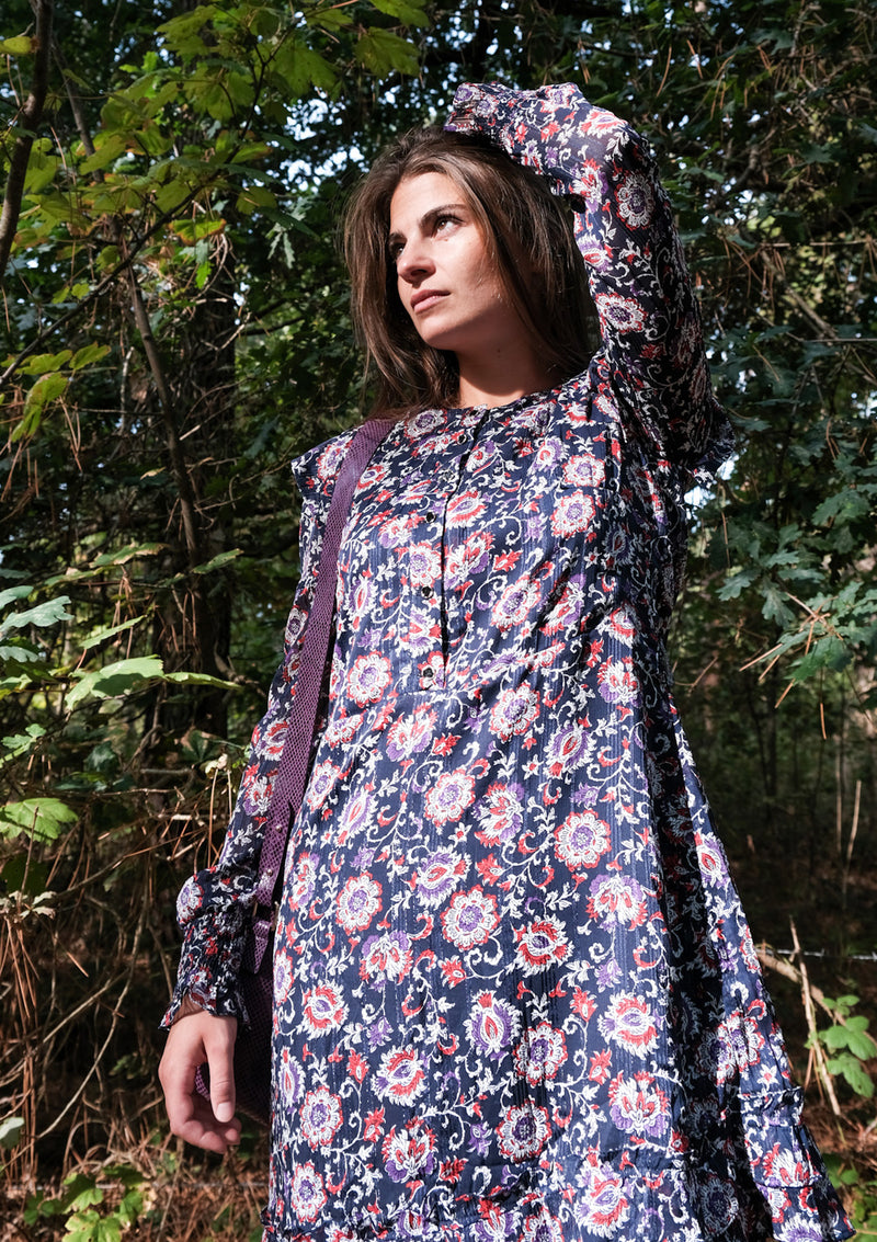 robe imprimée, volants, boutonnage devant
