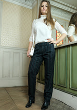 pantalon coupe carotte, noir, rayures